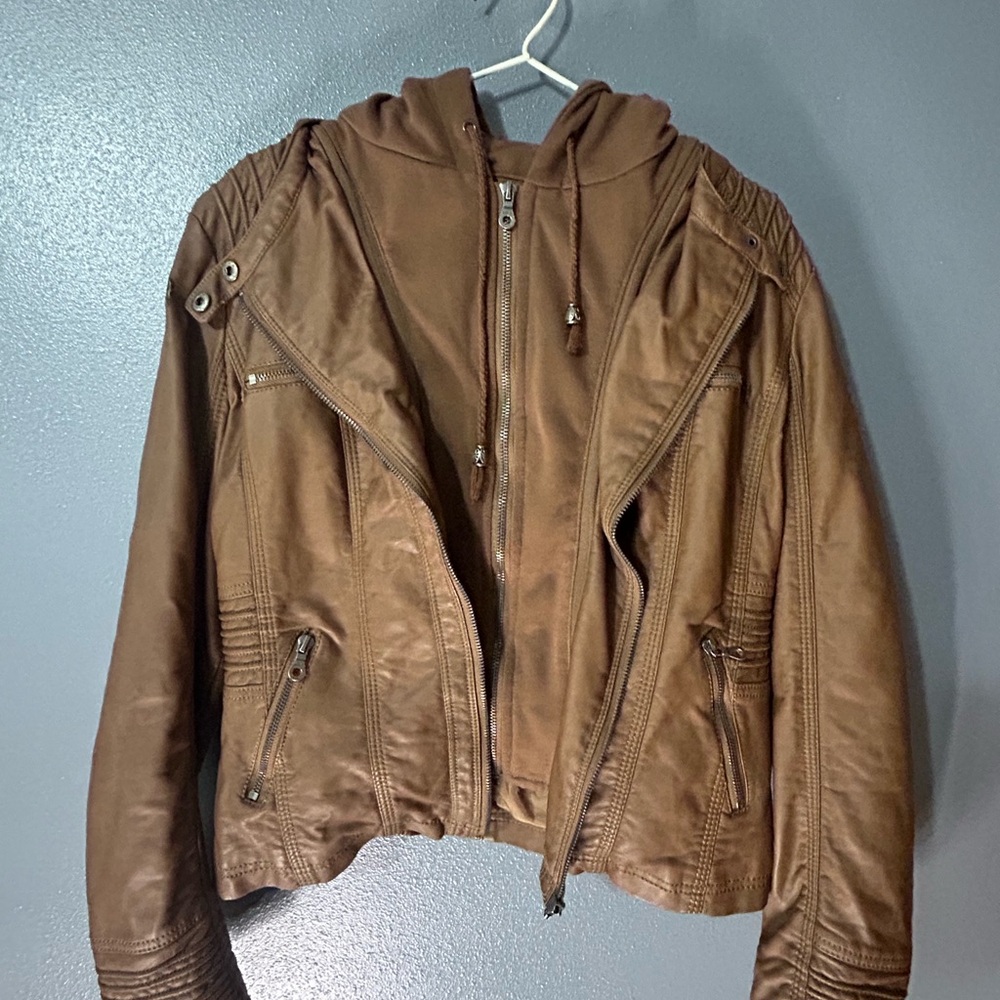 Brown Leather Bomber Jacket with Hood